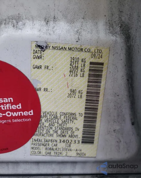 2015 Nissan Altima 2.5 Sl z USA, uszkodzony, nr VIN 1N4AL3AP8FN340233